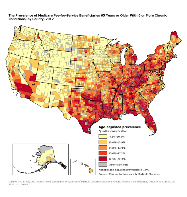 The map illustrates the geographic variation across counties and shows that counties in the South in states such as Texas, Florida, and Kentucky as well as counties in the Northeast in states such as New York and Pennsylvania have the highest prevalence of Medicare beneficiaries with 6 or more chronic conditions, whereas counties in western states such as Oregon, Montana, and Wyoming have the lowest prevalence.