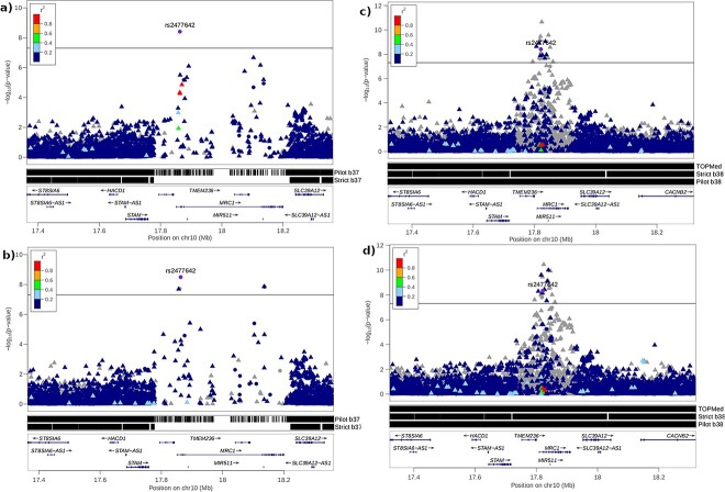 For all four panels, the minus log10 P-value of the aspartate aminotransferase association is plotted. For the GRCh37 panels a and b, the region around the index variant is completely inaccessible according to the pilot mask and largely inaccessible according to the strict mask with few variants located in this region and few associated variants. For the GRCh38 panels c and d, the region around the index variant is completely accessible in all GRCh38 masks, the density of variants is uniform across the plot, and a clear association peak is visible around the index variant.