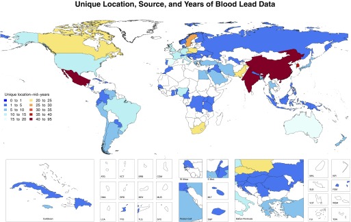 A world map illustrates the unique country, source, and years of data on blood lead levels. The key is as follows: unique location/years: 0 to 1, 1 to 5, 5 to 10, 10 to 15, 15 to 20, 20 to 25, 25 to 30, 35 to 40, and 40 to 95.