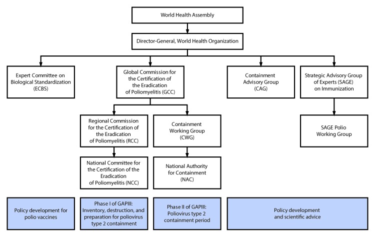 The figure above is an organizational chart showing the various World Health Organization advisory groups involved in the worldwide containment of poliovirus type 2, including GAPIII.