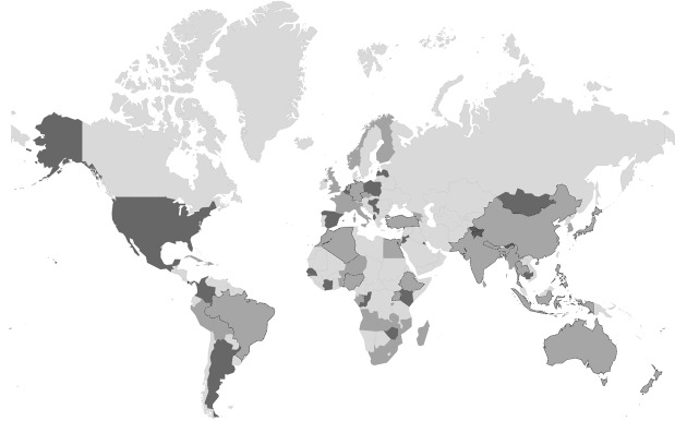 Statements were included from countries in light gray; survey results were contributed by countries in dark grey. The views of striped countries are included in both statement analysis and survey results.