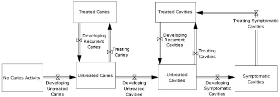 chart This flow chart shows how children move to and from disease states related to early childhood caries. The progression of early childhood caries begins at the left with children who have had no caries activity and continues with a flow to the right of those who develop early-stage caries (eg, white spots). These are initially untreated, although some fraction may be treated. The flow continues to the right as children with untreated caries develop cavities. Again, some fraction may be treated and some fraction of those may develop additional cavities. The final stage at the right of the diagram is the progression of children with untreated cavities to symptomatic cavities. These children can be treated but may also and often do develop additional cavities in the future.