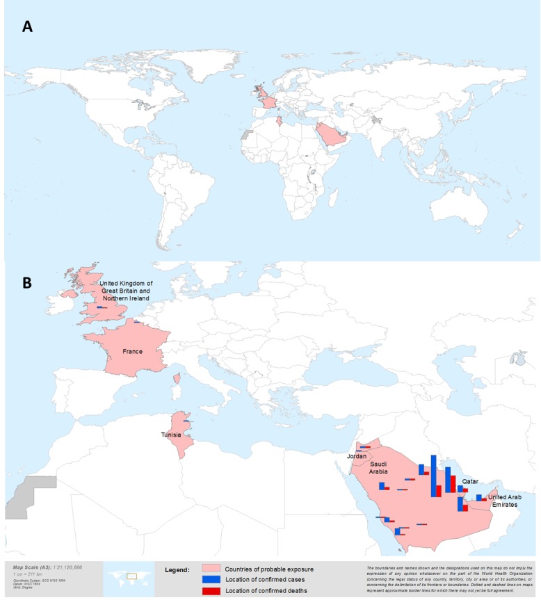 a) Country of probable exposure of laboratory-confirmed MERS-CoV cases b) Number of laboratory confirmed MERS-CoV cases by country of probable exposure