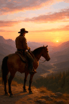 Digital artwork of cowboy on horse watching sunset