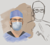 Hand-drawn artwork of man wearing surgical cap and mask