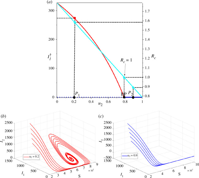 (a) Bifurcation diagram of system (1) represented by and with respect to