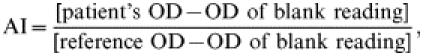 {\rm AI} = {{\lsqb {\rm patient\hbox{'} s \ OD} - {\rm OD \ of \ blank \ reading}\rsqb } \over {\lsqb {\rm reference \ OD} - {\rm OD \ of \ blank \ reading}\rsqb }},