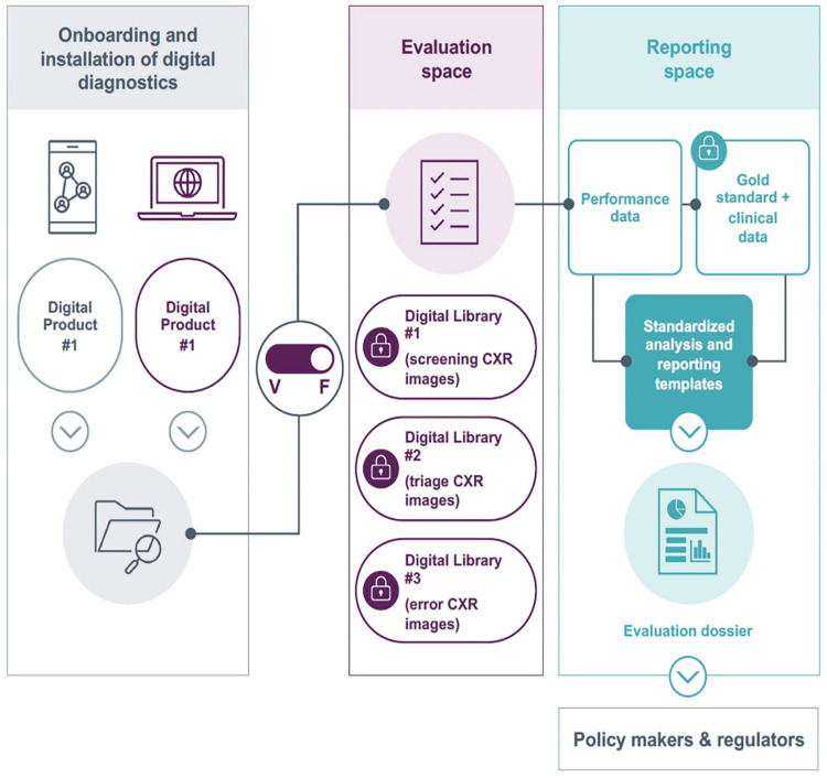 Structure of the FIND validation platform. The platform is built to allow developers a custom environment for installation of their computer-aided diagnosis (CAD) tool and confirmation of appropriate performance against a test dataset. The platform is then switched from “vendor mode” to “FIND mode,” and access by the vendor is interrupted. The CAD tool is then exposed to curated, high-quality clinical datasets for independent evaluation. CXR = chest radiography, F = FIND mode, V = vendor mode. (Adapted, with permission, from FIND.)