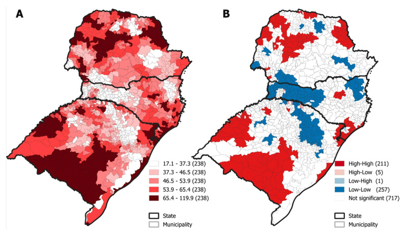 (A) Map of IHD mortality rates across Southern Brazil. (B) Clusters of high and low IHD mortality based on LISA analysis