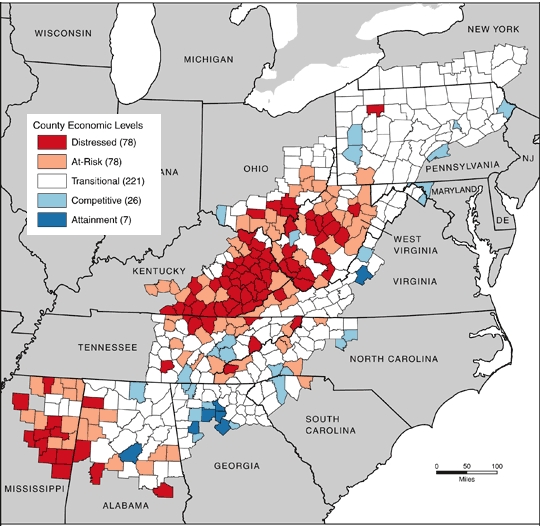 Map The figure is a map of 13 states, broken down into counties. Each state includes at least 1 Appalachian county. Counties are shaded to indicate their economic status in terms of 3-year unemployment rate, per capita income, and poverty rate compared with corresponding national rates. Distressed counties are the worst 10% compared with all counties in the nation (n = 78), at-risk are the worst 10% to 25% (n = 78), transitional are the worst 25% to best 25% (n = 221), competitive are the best 25% to 10% (n = 26), and achievement are the best 10% (n = 7). Source: Appalachian Regional Commission, 2007.