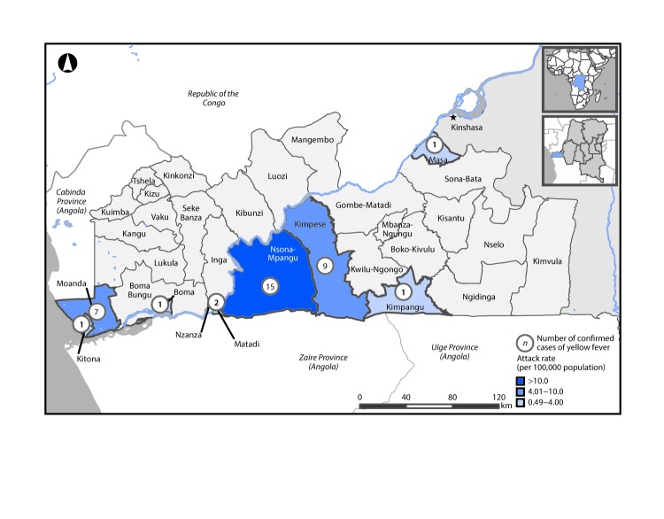 The figure above is a map indicating the location of 37 confirmed yellow fever cases, by health zone, in the Kongo Central Province of the Democratic Republic of the Congo from January 3 to August 18, 2016.