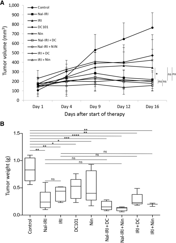 Figure 2. Reduction in tumor growth by nal-IRI and impact of the addition of antiangiogenic agents. In MKN-45 cell-derived subcutaneous xenografts, ten days after tumor cell injection, mice were treated with nal-IRI, IRI, DC101 and nintedanib for 2 weeks. A, Tumor size was measured twice a week during the therapy period using calipers and plotted. Net growth in tumor size was calculated by subtracting tumor volume on the first treatment day from that on the final day. B, On the final therapy day, tumors were excised, weighed, and mean tumor weight was calculated in each group and presented as a Box plot. *, P < 0.05; **, P < 0.01; ***, P < 0.001; ****, P < 0.0001 by t test. Data are representative of mean values ± SD from at least 5 mice per group. Statistical analysis was performed by one-way ANOVA for multiple group comparison and Student t test for the individual group comparison.