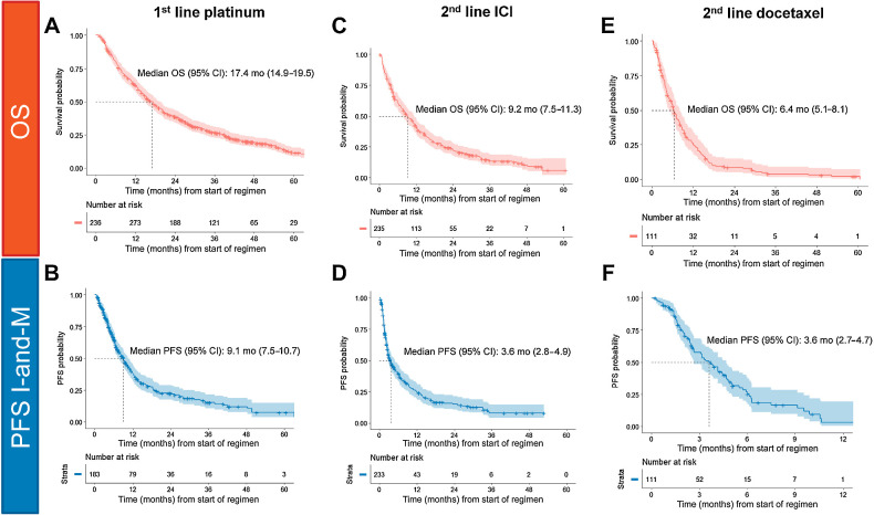 Figure 4. Real-world survival estimates. A, OS for all patients treated with first-line platinum-containing chemotherapy regimens after metastatic index lung cancer diagnosis. B, PFS imaging-and-medical oncology (PFS I-and-M) for all patients treated with first-line platinum-containing chemotherapy. A total of 179 patients were excluded because of disease progression prior to sequencing test performed. C, OS for all patients treated with second-line or higher ICIs. D, PFS I-and-M for all patients treated with second-line or higher ICI E. OS for all patients treated with second-line or higher docetaxel-containing regimens. F, PFS I-and-M for all patients treated with second-line or higher docetaxel.