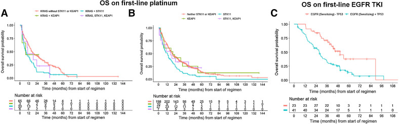 Figure 3. Impact of genomics on survival. A, OS for patients with KRAS driver alterations treated with first-line platinum-containing chemotherapy, with or without co-occurring alterations in STK11 and KEAP1. HRs with 95% CI are shown in corresponding table. B, OS for all patients treated with first-line platinum chemotherapy, with or without STK11 and/or KEAP1 mutations. C, OS for patients with sensitizing EGFR alterations treated with first-line erlotinib, with or without co-occurring TP53 mutations. Note that due to the left truncated nature of the data, the risk table may show an increasing number of patients at risk due to patients entering the risk set at the time of genomic sequencing report.