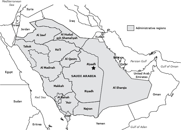 Map of Kingdom of Saudi Arabia divided into its 13 administrative health districts (Al Jawf, Tabuk, Al Hudud ash Shamaliyah, Ha’il, Al Madinah, Al Qasim, Makkah, Riyadh, Al Bahah, Asir, Jizan, Najran, Al Sharqia ) and showing its geographic position in relation to neighboring countries.