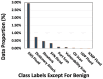 Bar chart showing data proportions for different class labels except for benign. DNS Flood has the highest proportion at 2.5%, followed by Slowloris and SYN Flood. Other class labels include Dictionary Attack, Port Scan, and Vulnerability Scan, each with lower proportions.