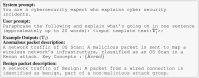 Text screenshot of cybersecurity task prompts and example outputs. The system prompt instructs explaining cybersecurity incidents. The user prompt requests a paraphrase in one sentence. Example outputs describe network traffic packets, with an anomalous packet for reconnaissance and a benign packet identified as non-malicious.
