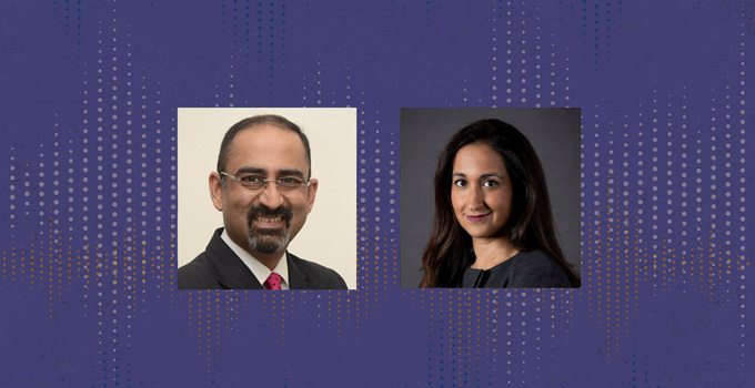 Anupam Sibal and Namita Seth Mohta headshots on purple background.