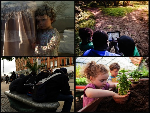 Four photographs of people in various settings near nature