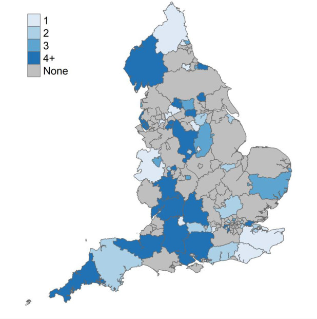 Figure 1: Total number of quarters of complete health visiting data recorded in Community Services Dataset between 2016/17 and 2019/20, by local authority