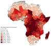 Choropleth map of RHD surgical need across Africa incorporating regional HDI