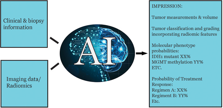 Potential example of a future radiology report incorporating radiomic features and machine learning for predictive modeling. One could even envision a preliminary draft of the report being generated automatically based on automated image analysis combined with natural language processing, which can then be modified by the expert radiologist as required. IDH1 = isocitrate dehydrogenase 1, MGMT = O(6)-methylguanine-DNA methyltransferase.