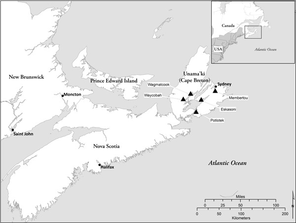 Map depicts location of Cape Breton within the Canadian province of Nova Scotia, and an inset depicts Nova Scotia within Canada’s eastern provinces in relationship to major Canadian cities and the US border. The communities are distributed across the central and southern area of Cape Breton with the nearest full-service hospital with an emergency department in Sydney.