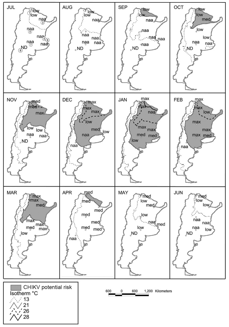 Monthly risk maps of chikungunya virus (CHIKV) for Argentina based on
isotherms of monthly mean temperatures. Lower limit for Aedes aegypti
development (13ºC), lower transmission threshold for CHIKV (21ºC) (grey)
and most frequent transmission temperatures (26-28ºC). Adult activity per
location, relative to highest month [in descending order maximum (max), medium
(med) and low]. Locations included in the study shown in the July map (1: Oran; 2:
Tartagal; 3: Resistencia; 4: Córdoba; 5: Buenos Aires; 6: La Plata; 7: Santa Rosa;
8: Neuquén). naa: no adult activity; ND: not detected.