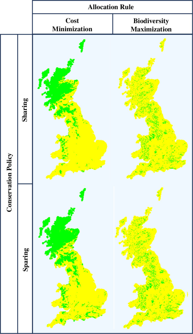 Location of Sparing and Sharing conservation in Great Britain allocated under cost minimization and biodiversity maximization rules.