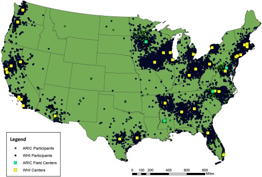 Figure 1 is a map of the USA marking ARIC participants, WHI participants, ARIC field centers, and WHI centers.