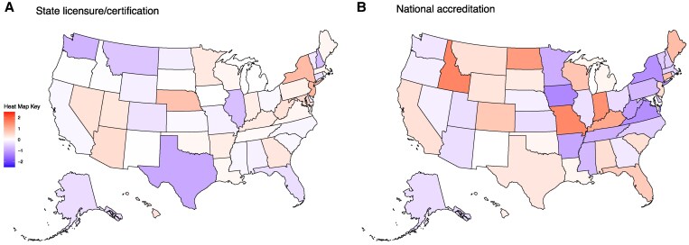 Variation among states in the association between: A) state licensure, and B) national accreditation on whether outpatient programs reported offering MOUD (2022 N-SUMHSS, N = 9921 programs).