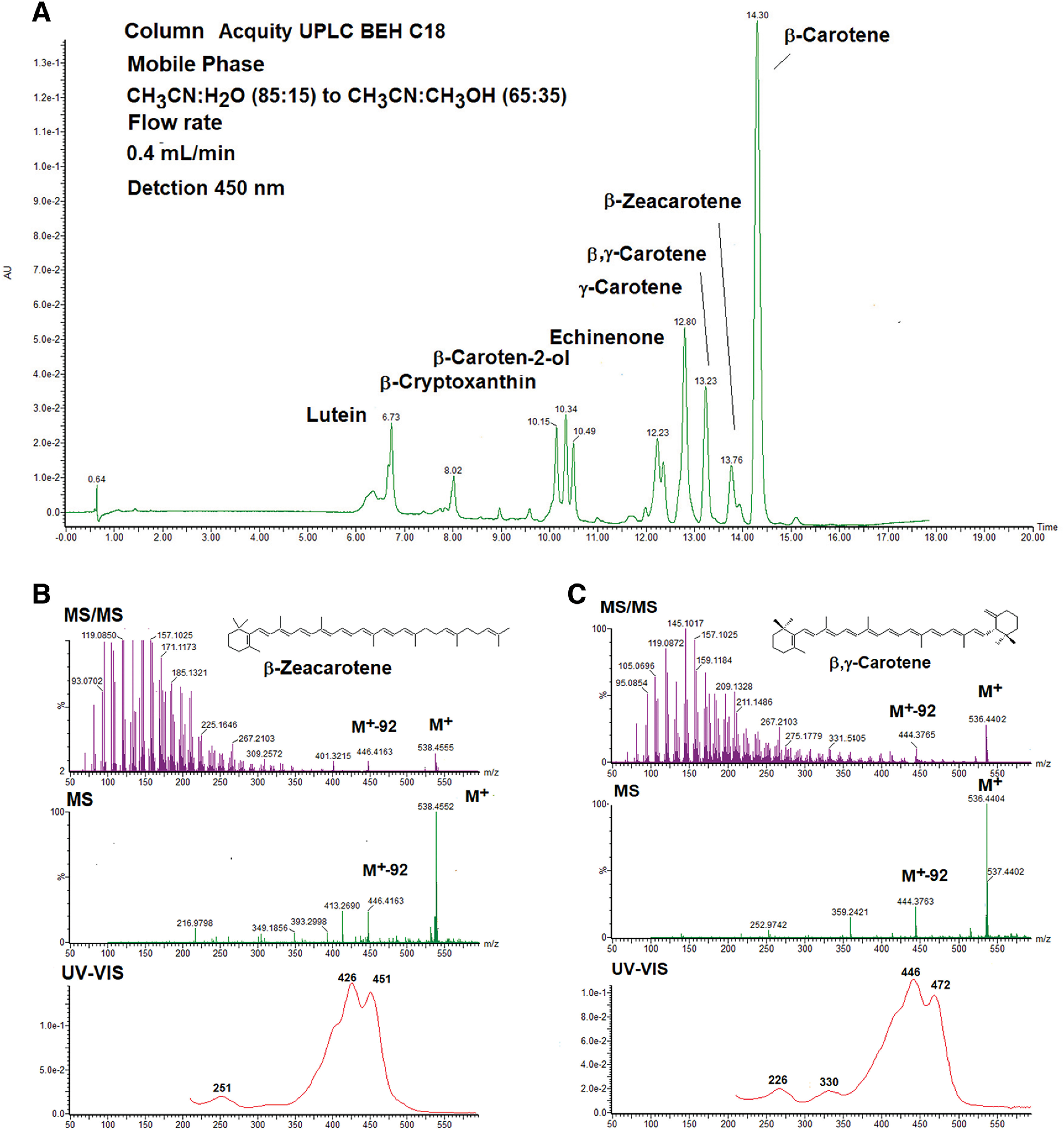 Fig. 11. (A) HPLC (detected at 450 nm) of carotenoids in the red dragonfly Sympetrum frequens Column: ACQUITY UPLC C18 1.7 μm 2.1 i.d. ×100 mm, mobile phase: acetonitrile:water (85:15) to acetonitrile:methanol (65:35), linear gradient, and flow rate: 0.4 mL/min. (B) UV-Vis, ESI MS, and MS/MS spectra of β-zeacarotene. (C) UV-Vis, ESI MS, and MS/MS spectra of β,γ-carotene. ESI, electrospray ionization; HPLC, high performance liquid chromatography; MS, mass spectrometry; UV, ultraviolet; Vis, visible.