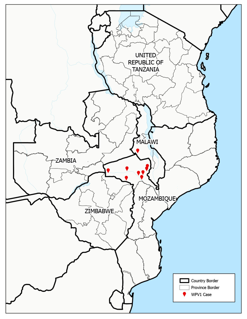 The figure is a map of the location of wild poliovirus type 1 cases during 2021–2022 and the five outbreak response countries in southeastern Africa.