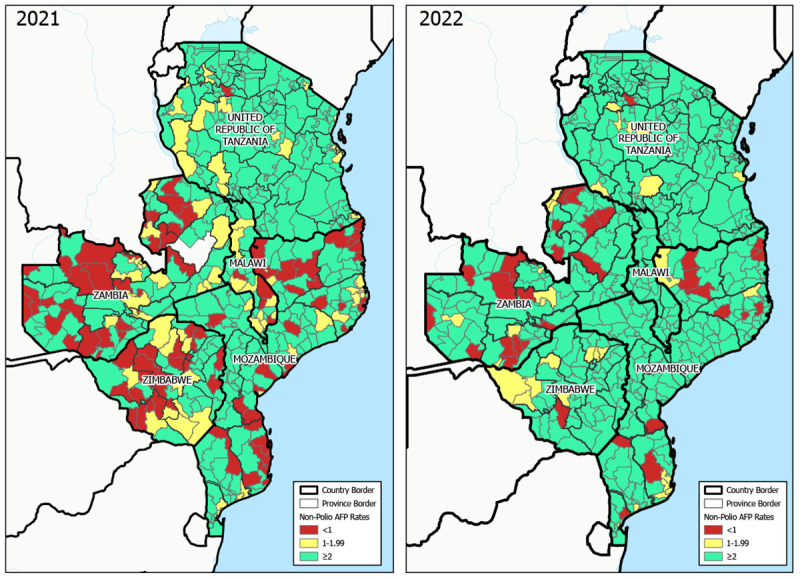 The figure includes two maps showing nonpolio acute flaccid paralysis rates, by district, in five outbreak response countries in southeastern Africa during 2021–2022.