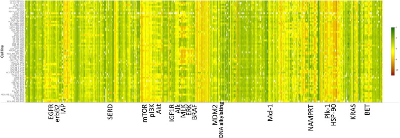 Figure 1. Heat map view of hierarchical clustering of NCI-60 growth response Pearson correlation patterns. Color representations of GI50 values ranging from 10−12 M (red) to 10−2 M (green). Select agent-associated primary targets indicated for representative larger compound sets.