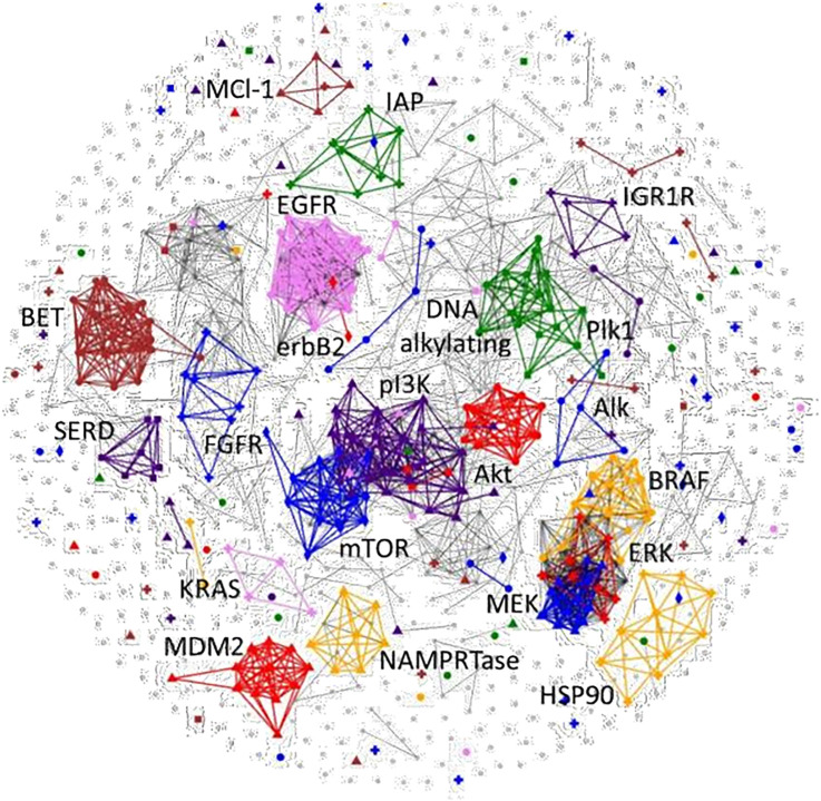 Figure 2. Correlation map of GI50 response patterns for all compounds of the IOA set. The compounds are represented by nodes (circles) on the map and the distances between nodes represent the correlations (minimum 0.7) between the response patterns with more similar patterns being closer together. Select agent-associated primary targets are indicated for representative larger compound sets. These highlighted targets are assigned a unique color/symbol combination which is listed in the legend and are represented with larger symbols.