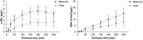 Figure 4 has two graphs. The first graph plots alpha ZEL values (ranging from 0 to 8 in unit intervals) (y-axis) for maternal and fetal circulation with standard error of mean across perfusion time (ranging from 0 to 360 minutes in intervals of 60). The second graph plots ZEN-14-Sulf values (ranging from 0 to 25 in intervals of 5) (y-axis) for maternal and fetal circulation with standard error of mean across perfusion time (ranging from 0 to 360 minutes in intervals of 60).