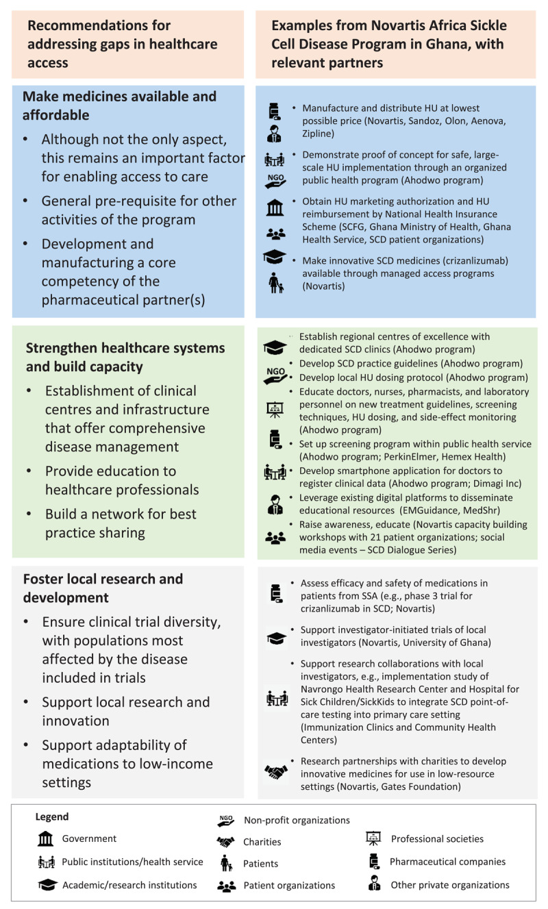 Recommendations for public-private partnerships for addressing access gaps, with examples from the Novartis Africa SCD Program in Ghana