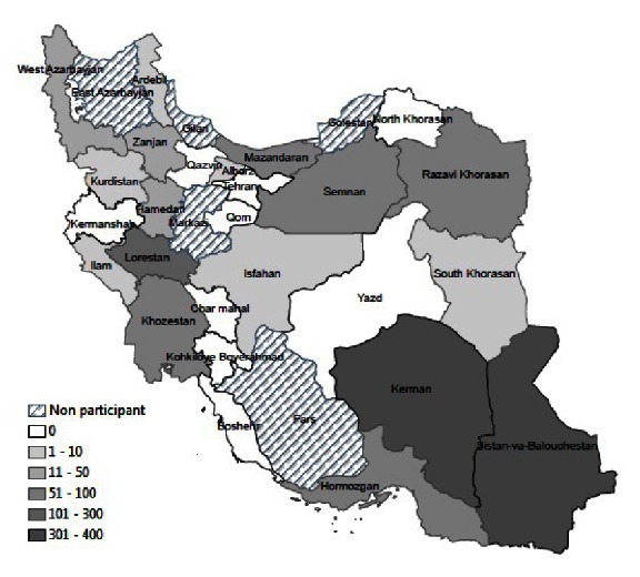 Provincial distribution of affected primary health care centers by natural hazards, I.R.Iran, 2001-2011