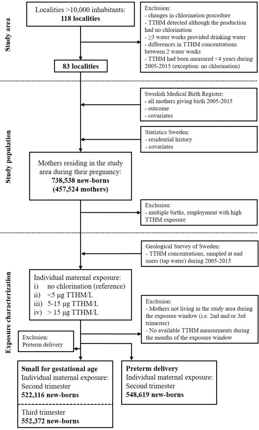 Figure 1 is a flow chart, starting with Localities greater than 10,000 inhabitants connected to 83 localities on exclusion of Changes in chlorination procedure, TTHM detected although the production has no chlorination, greater than or equal to 3 waterworks provided drinking water, differences in TTHM concentration between two waterworks, and TTHM had been measured less than 4 years during 2005 to 2015 (exception: no chlorination). The 83 localities by including Swedish Medical Birth Register: all mothers giving birth 2005 to 2015, outcome, and covariates and Statistic Sweden: residential history and covariates is connected to mothers residing in study area during their pregnancy: 738,538 newborns (457,524 mothers), which is connected to individual maternal exposure: no chlorination (reference), less than 5 micrograms TTHM per liter, 5 to 15 micrograms TTHM per liter, and greater than 15 micrograms TTHM per liter on exclusion of multiple births, employment with high TTHM exposure. Individual maternal exposure leads to preterm delivery, Individual maternal exposure: second trimester 548,619 newborns on exclusion of mothers not living in the study area during the exposure window (i.e., second and or third trimester) and no available TTHM measurements during the months of the exposure window and to small for gestational age individual maternal exposure: second trimester 522,116 newborns and third trimester 552,372 newborns on exclusion of preterm delivery. The flowchart is divided into 3 parts; the part till 83 localities is labeled Study area, till mothers residing in study area during their pregnancy: 738,538 newborns (457,524 mothers) and its exclusion is labeled Study and population, and beyond it is labeled exposure characterization.