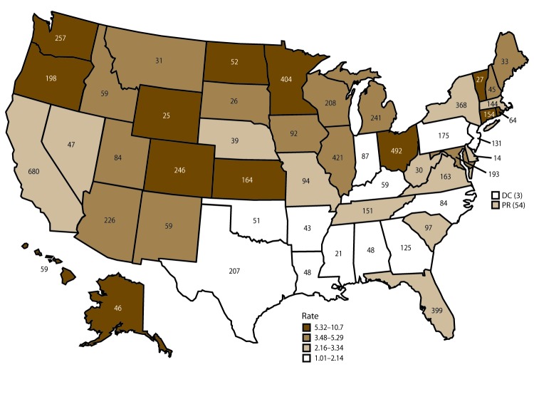 The figure above is a map of the United States showing the rate of foodborne disease outbreaks per 1 million population and the number of outbreaks, by state, for 2009–2015 as reported to CDC’s Foodborne Disease Outbreak Surveillance System.