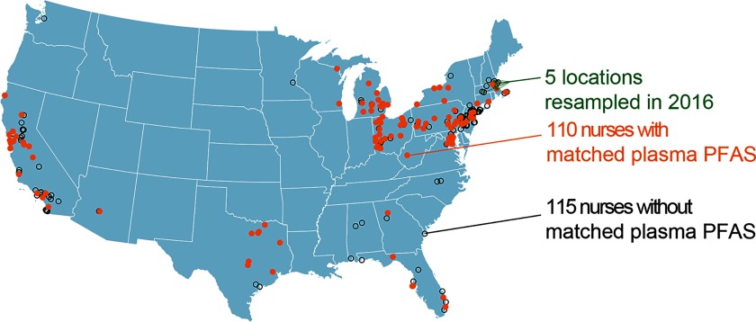 A map of USA marks 5 locations resampled in 2016, 110 nurses with matched plasma PFASs, and 115 nurses without matched plasma PFASs.