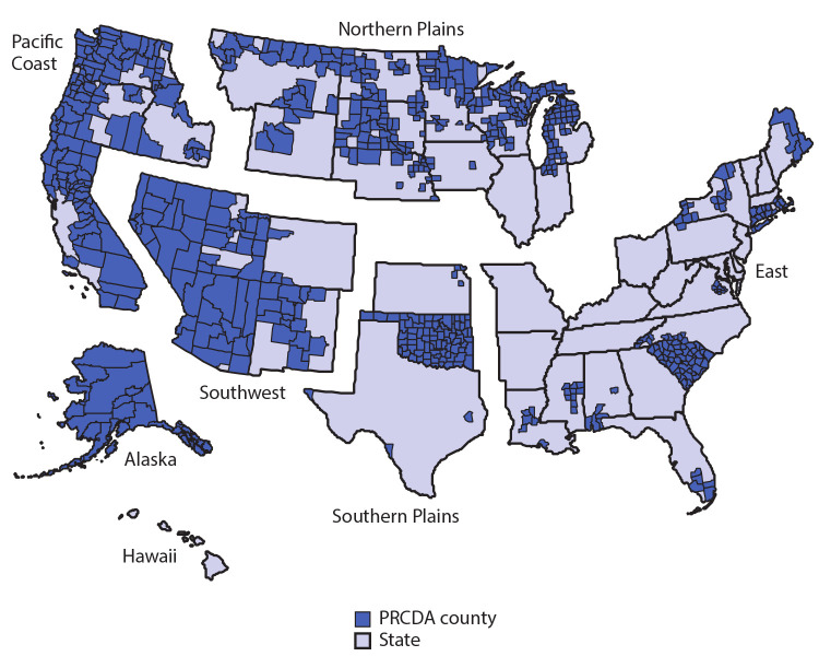 The figure is a U.S. map divided into six regions in which counties designated as Purchase/Referred Care Delivery Areas by the Indian Health Service during 2013–2017 are identified by shading.