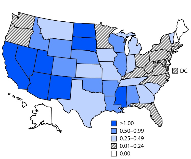 The figure is a map of the United States showing the rate of cases of West Nile virus neuroinvasive disease reported in 2017.