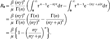 \hskip-3\eqalign{ R_{\setnum{0}} \equals \tab {\beta \over \mu }{{\lpar n\gamma \rpar ^{n} } \over {\rmGamma \lpar n\rpar }}\left( {\int_{\setnum{0}}^{\infty } \hskip-3 {\tau\hskip1 ^{n \minus \setnum{1}} {\rm e}^{ \minus n\gamma \tau }\rm d\tau \minus \hskip-2 \int_{\setnum{0}}^{\infty } \hskip-4 {\tau\hskip1 ^{n \minus \setnum{1}} {\rm e}^{ \minus \lpar n\gamma \plus \mu \rpar \tau }\rm d\tau } } } \right) \cr \equals \tab {\beta \over \mu }{{\lpar n\gamma \rpar ^{n} } \over {\rmGamma \lpar n\rpar }}\left( {{{\rmGamma \lpar n\rpar } \over {\lpar n\gamma \rpar ^{n} }} \minus {{\rmGamma \lpar n\rpar } \over {\lpar n\gamma \plus \mu \rpar ^{n} }}} \right) \cr \equals \tab {\beta \over \mu }\left\{ {1 \minus \left( {{{n\gamma } \over {n\gamma \plus \mu }}} \right)^{n} } \right\}. \cr}