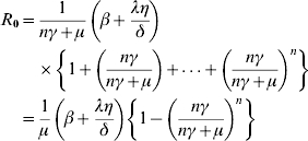 \eqalign{ R_{\setnum{0}} \equals \tab {1 \over {n\gamma \plus \mu }}\left( {\beta \plus {{\lambda \eta } \over \delta }} \right)\cr\tab\times \left\{ {1 \plus \left( {{{n\gamma } \over {n\gamma \plus \mu }}} \right) \plus {\vskip-1.5\ldots} \plus \left( {{{n\gamma } \over {n\gamma \plus \mu }}} \right)^{n} } \right\} \cr \equals \tab {1 \over \mu }\left( {\beta \plus {{\lambda \eta } \over \delta }} \right) \left\{ {1 \minus \left( {{{n\gamma } \over {n\gamma \plus \mu }}} \right)^{n} } \right\} \cr} \hfill