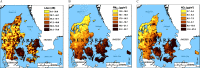 Figures 1A, 1B, and 1C are maps of Denmark depicting annual residential exposure levels. Figure 1A depicts uppercase l begin subscript den end subscript (decibel) exposure levels, ranging as 0.0 to 39.6, 39.7 to 444, 44.2 to 47.1, 47.2 to 49.9, 50.0 to 53.2, and 53.3 to 70.6. A scale depicting kilometers is ranging from 0 to 50 in increments of 25 and 50 to 100 in increments of 50. A scale depicting miles is ranging from 0 to 50 in increments of 25 and 50 to 100 in increments of 50. Figure 1B depicts particulate matter begin subscript 2.5 end subscript (microgram per cubic meter) exposure levels, ranging as 13.5 to 16.0, 16.1 to 16.9, 17.0 to 18.2, 18.3 to 19.7, 19.8 to 21.1, and 21.2 to 33.7. A scale depicting kilometers is ranging from 0 to 50 in increments of 25 and 50 to 100 in increments of 50. A scale depicting miles is ranging from 0 to 50 in increments of 25 and 50 to 100 in increments of 50. Figure 1C depicts nitrogen dioxide (microgram per cubic meter) exposure levels, ranging as 3.7 to 5.4, 5.5 to 6.4, 6.5 to 7.5, 7.6 to 8.7, 8.8 to 10.0, and 11.0 to 57.0. A scale depicting kilometers is ranging from 0 to 50 in increments of 25 and 50 to 100 in increments of 50. A scale depicting miles is ranging from 0 to 50 in increments of 25 and 50 to 100 in increments of 50.