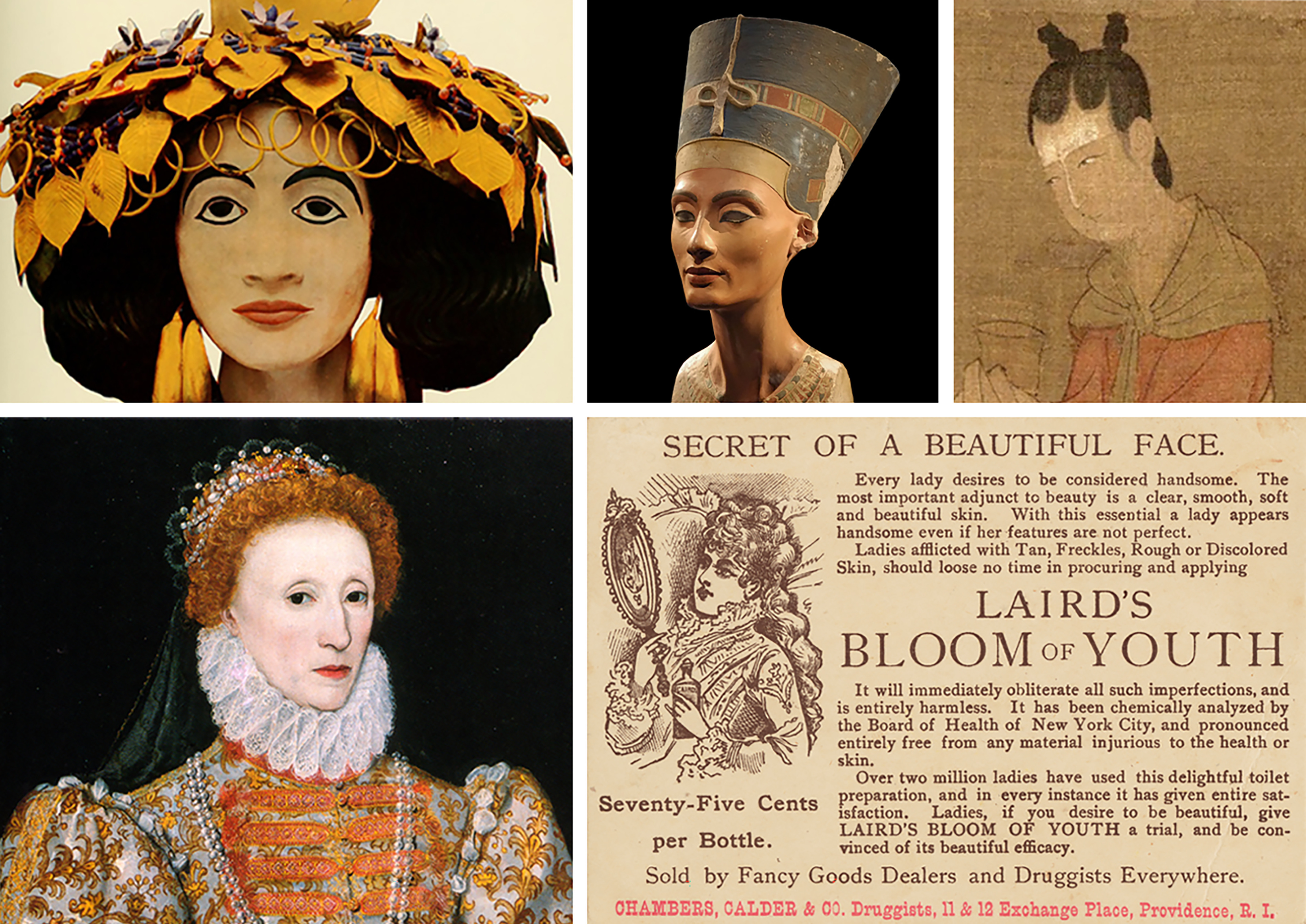 Collage depicting four famous historical figures wearing lead-based cosmetics and a print advertisement for Laird’s Bloom of Youth