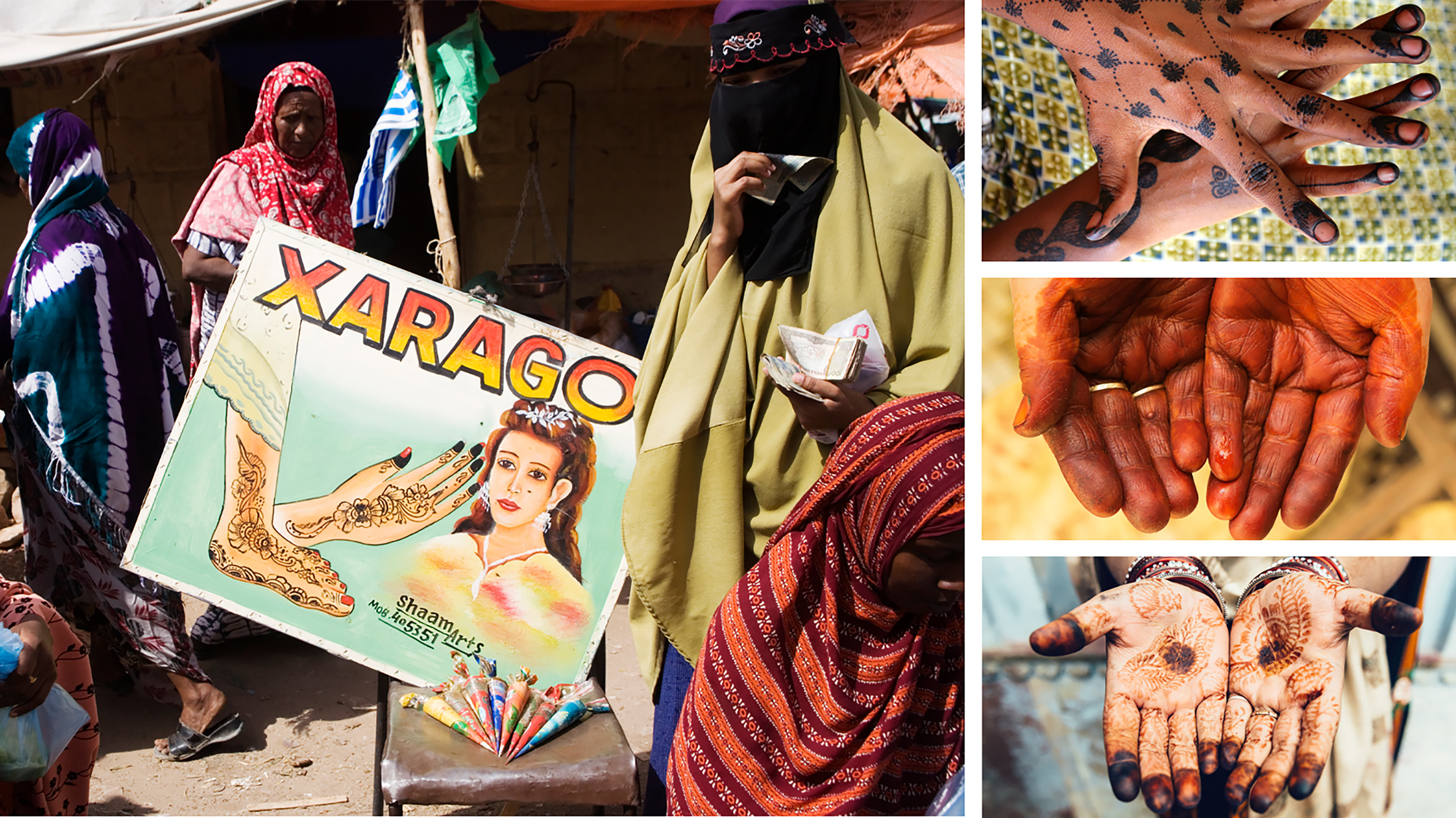 Collage depicting women at a henna stall at a market and three different styles of henna decoration on women’s hands