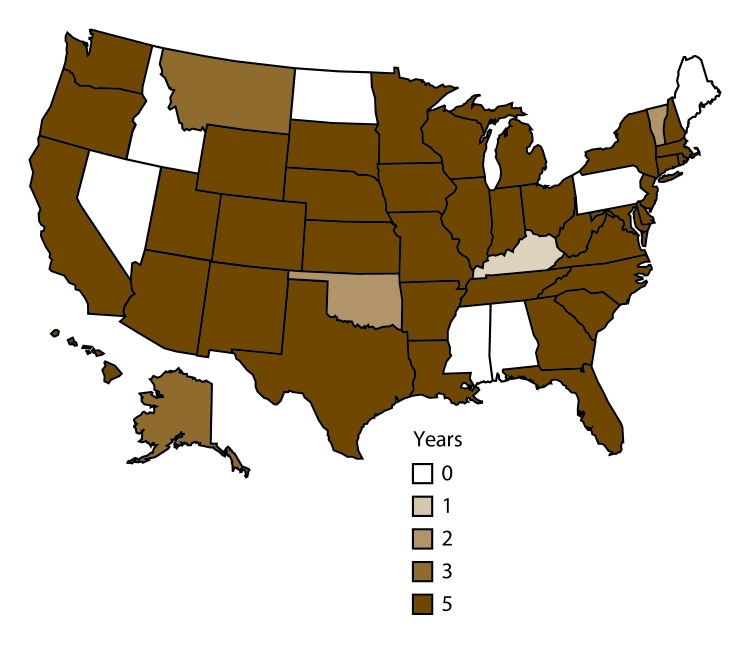 The figure is a map of the United States that shows the number of years that cyclosporiasis was reportable, by public health jurisdiction, during 2011–2015.